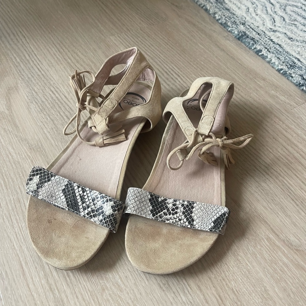 Abeo Tan and Black Sandals with Lace-Up Ankle Strap